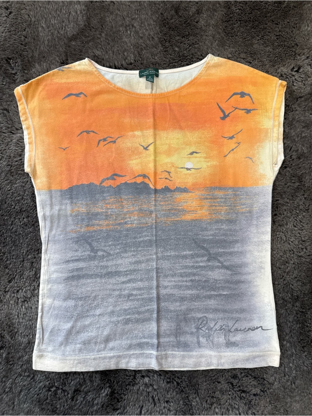 Vintage Ralph Lauren Sunset Seagull Print Top - Orange & Gray